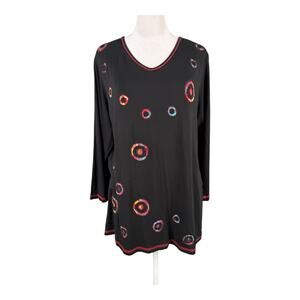 Parsley & Sage L Tunic Top Black Abstract Art V-Neck Embroidered Circles